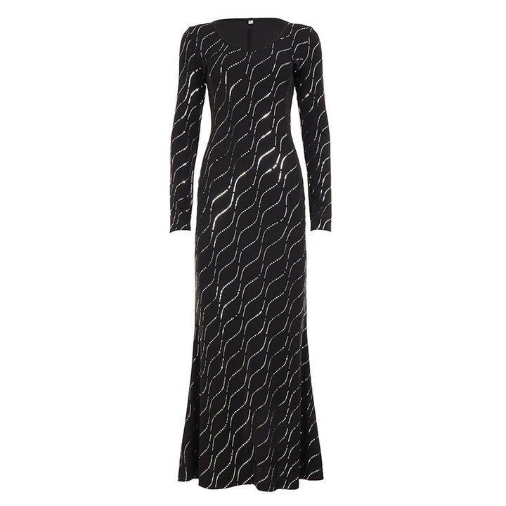 Damen nan langärmeliges Bodycon-Mermaid-Abendkleid mit Wellen-Strassbesatz Echo Archiv