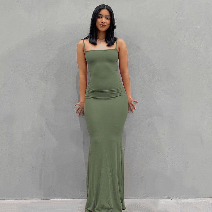 Damen Körperbetontes Maxi‑Jerseykleid mit taillierter Drapierung, langen Ärmeln und ausgestelltem Saum – Valéora