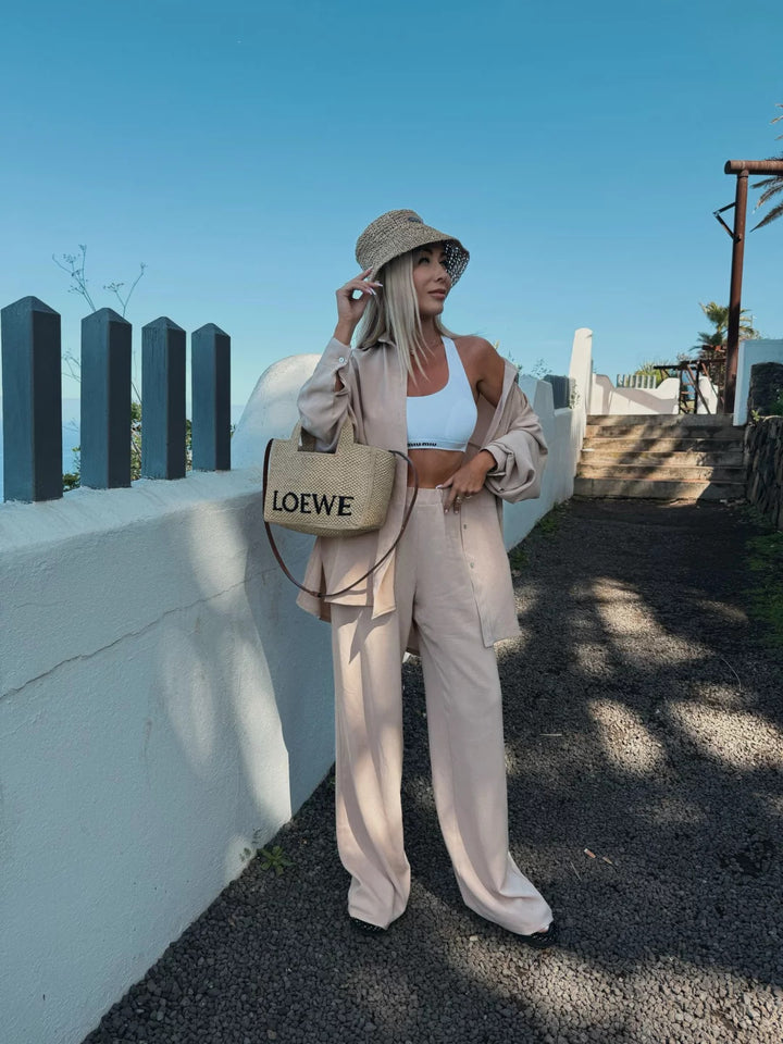 Damen legeres Leinen-Lounge-Set mit Hemdjacke im Oversize-Schnitt und weitem Bundfaltenhose – Élanora