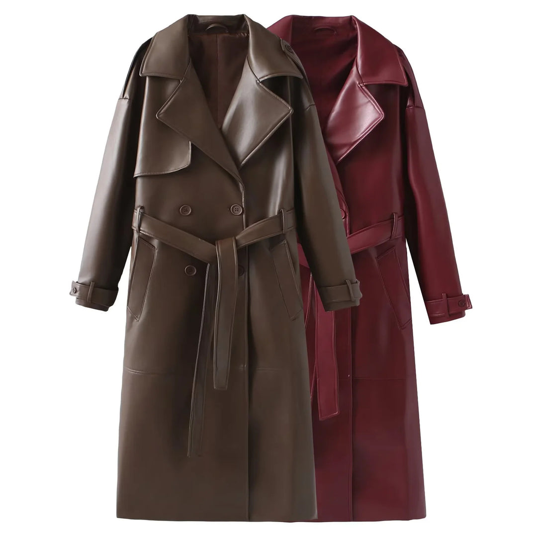 Damen taillierter veganer Trenchcoat aus Lederimitat mit Schalkragen und Bindegürtel – Montévia