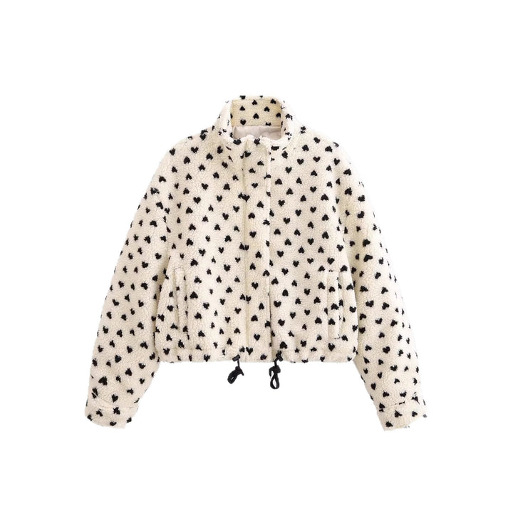 Damen Kurze Teddyjacke aus Sherpa‑Fleece mit Herzchenprint und Tunnelzug Echoarchiv