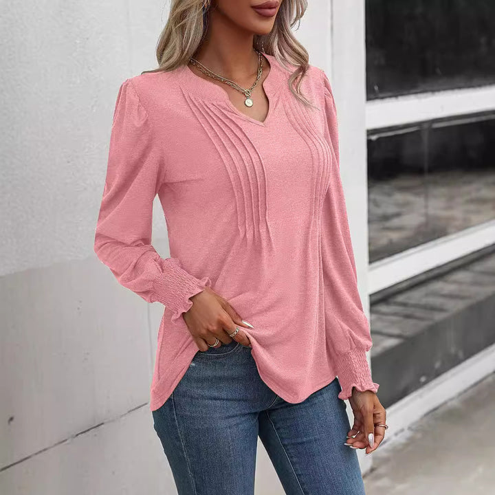 Damen nan Langarmshirt mit V-Ausschnitt, dekorativen Kellerfalten vorn und elastischen Smokbündchen Echo Archiv