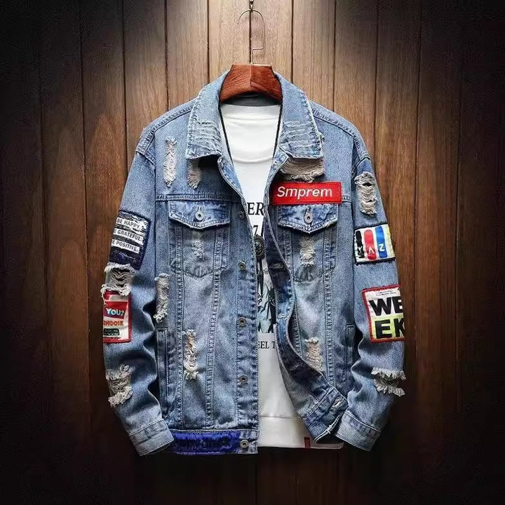 Herren Lässige Denimjacke mit kreativen Applikationen Echoarchiv