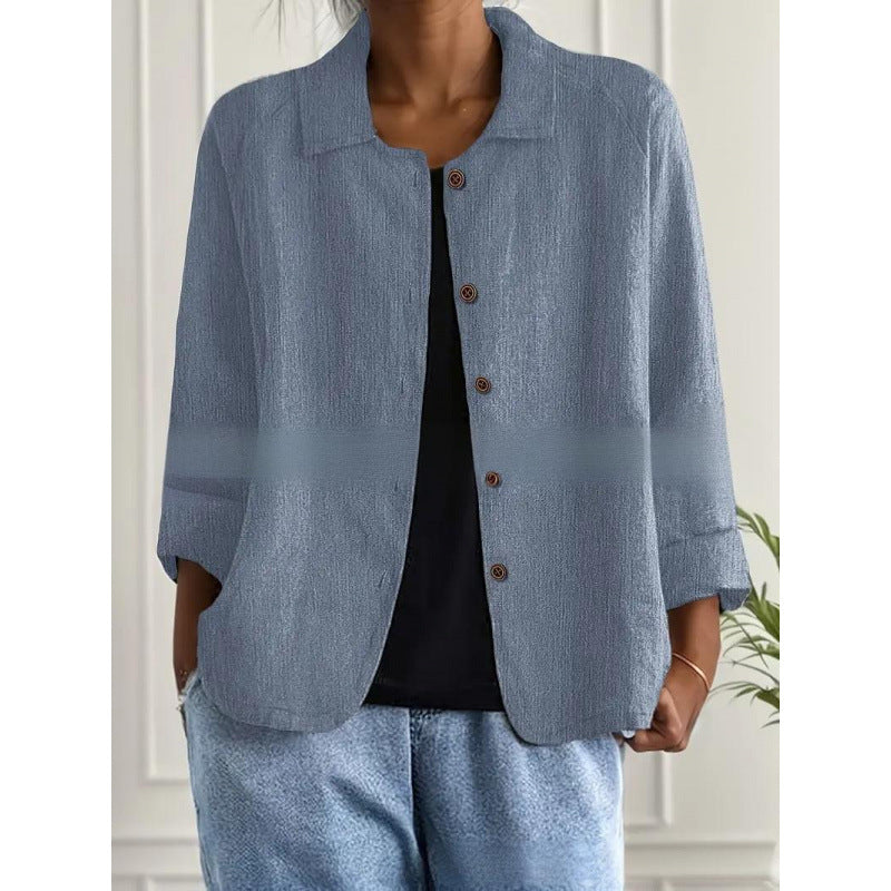 Damen Leichte Leinenoptik-Bluse mit lockerer Passform, 3/4-Ärmeln und Knopfleiste – Élovi