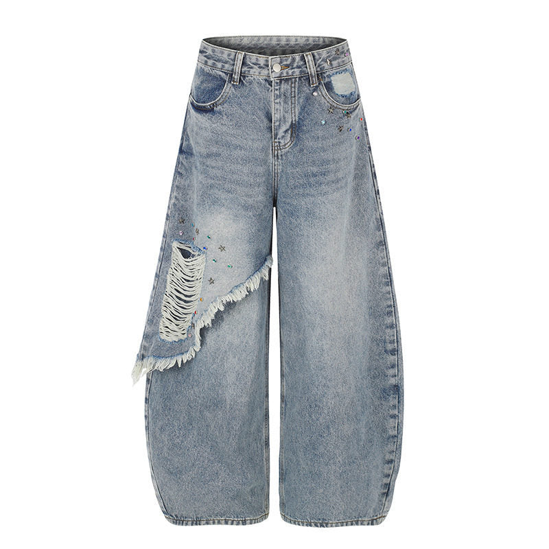 Damen High‑Waist weite Palazzo-Jeans mit asymmetrischem Fransen-Detail und Strassapplikation Echoarchiv