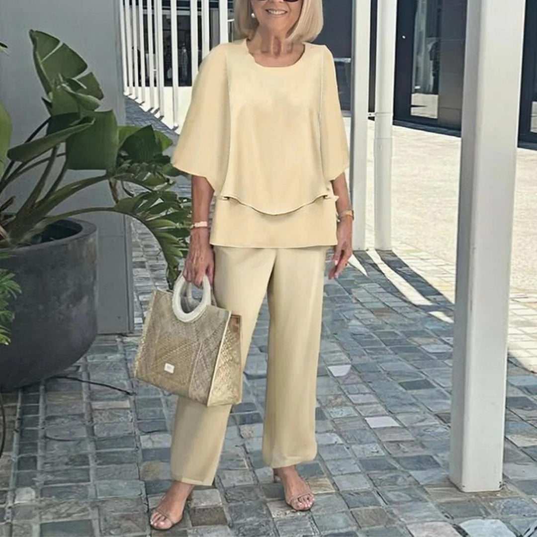 Damen nan Lagen-Tunika mit Cape-Ärmeln und knöchellanger Geradebeinhose mit Grafikprint Echo Archiv