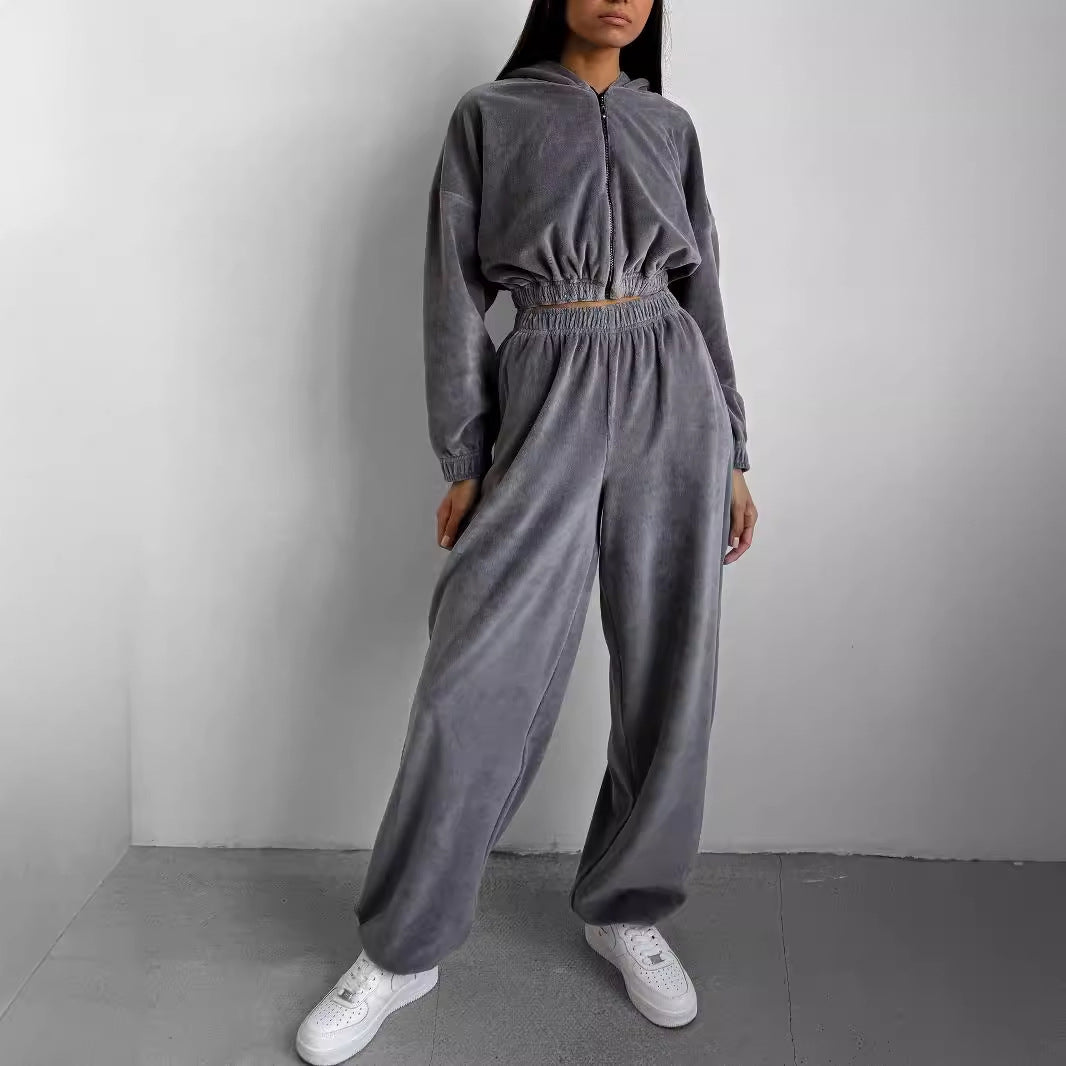 Damen nan Samt-Loungewear-Zweiteiler mit kurzem Frontzip, elastischem Komfortbund und weitem Hosenbein Echo Archiv