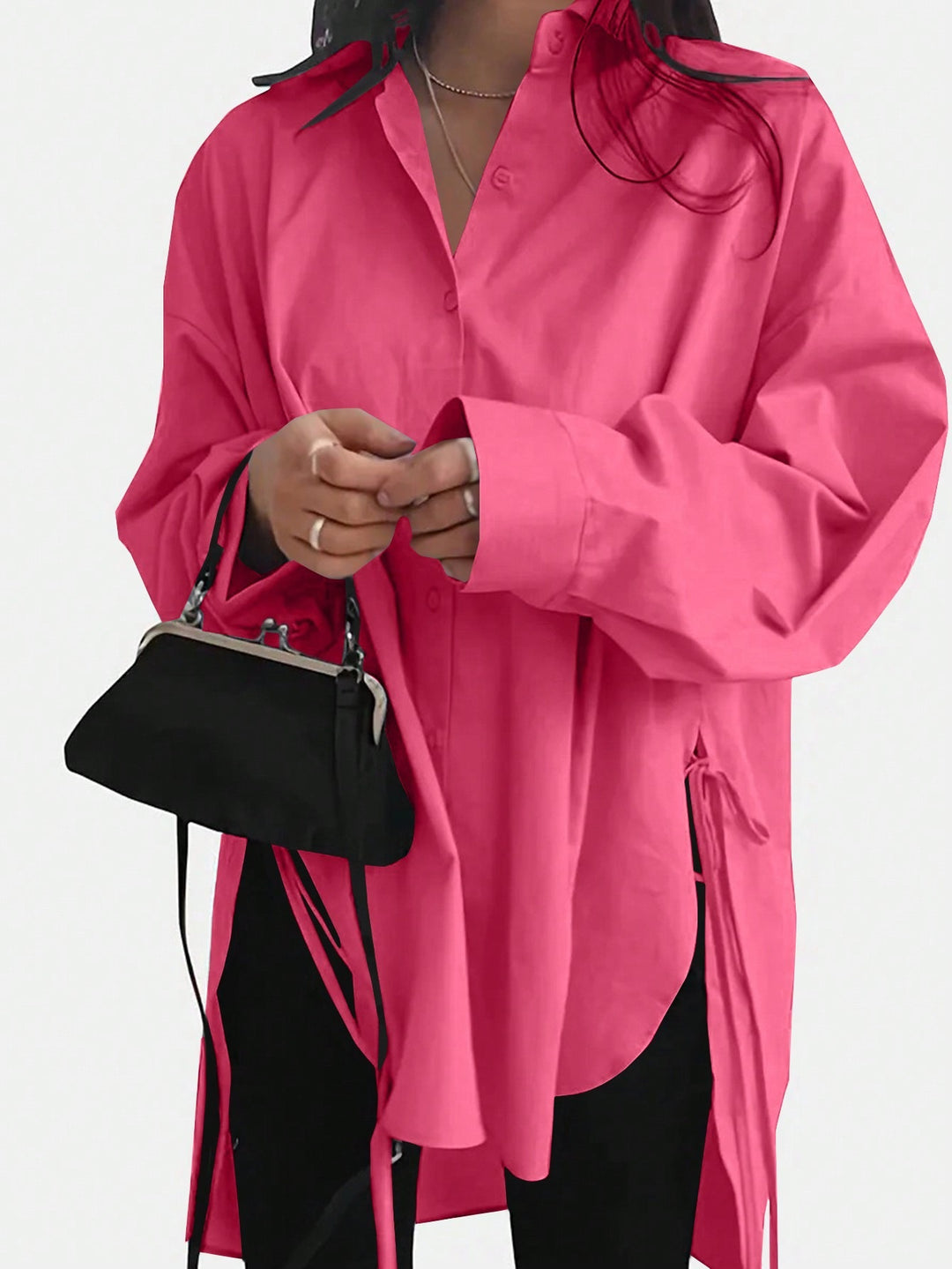 Damen Oversize-Longbluse mit Tunnelzugseiten, extralangen Manschetten und Hemdkragen – Avérine