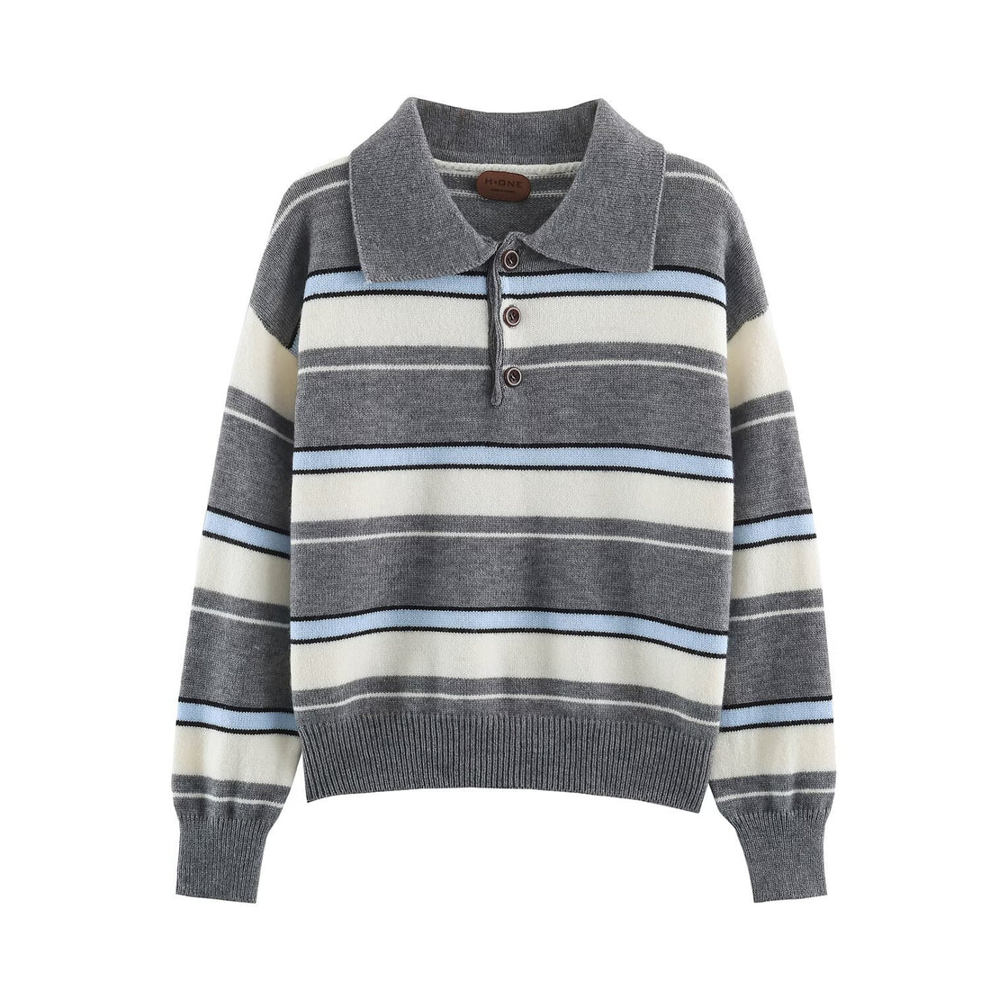 Damen Gestreifter Oversize-Pullover mit Polokragen und V-Ausschnitt Echoarchiv