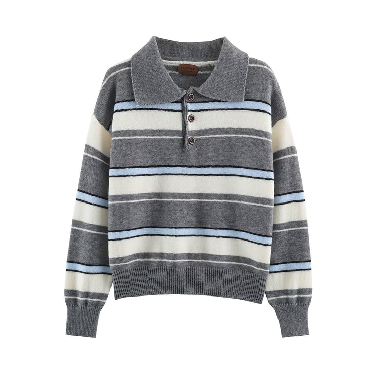 Damen Gestreifter Oversize-Pullover mit Polokragen und V-Ausschnitt Echoarchiv