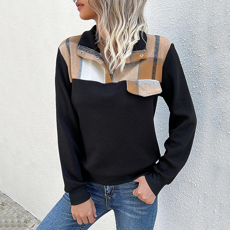 Damen Stepp-Sweatshirt mit Karodetail, Knopfblende und geripptem Bund Echoarchiv