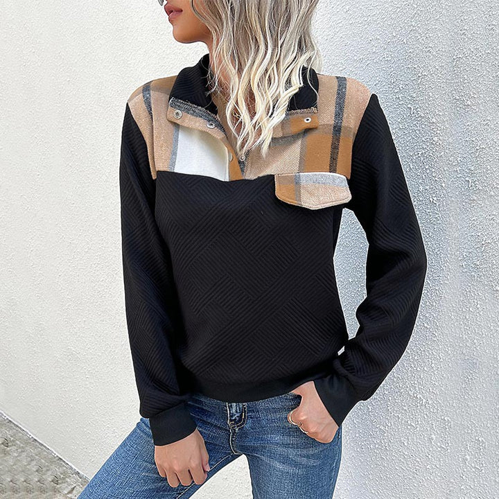 Damen Stepp-Sweatshirt mit Karodetail, Knopfblende und geripptem Bund Echoarchiv