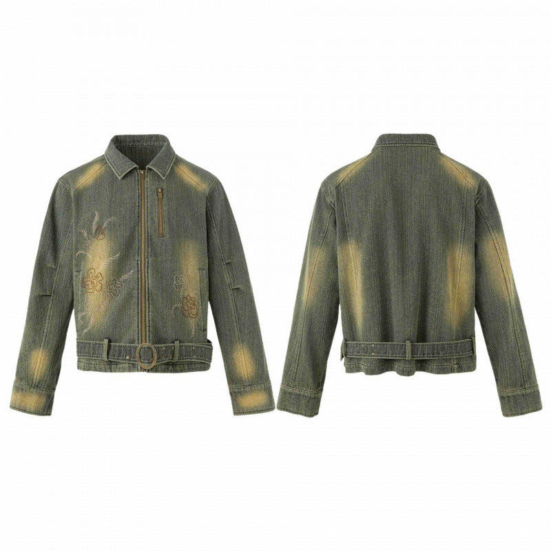 Unisex Kurz geschnittene Denimjacke mit Stickerei, Taillengürtel und Frontreißverschluss Echo Archiv