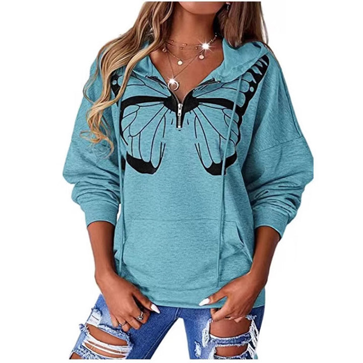 Damen Kapuzenpullover mit halbhohem Reißverschluss und Schmetterlingsprint – Auréline