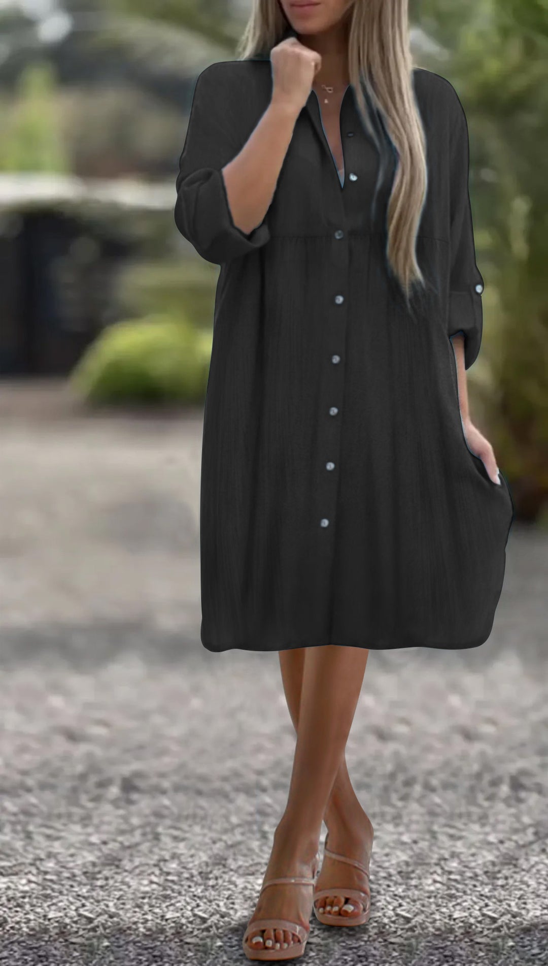Damen Lockeres Hemdkleid mit Knopfleiste, 3/4-Ärmeln und Seitentaschen – Lunéa