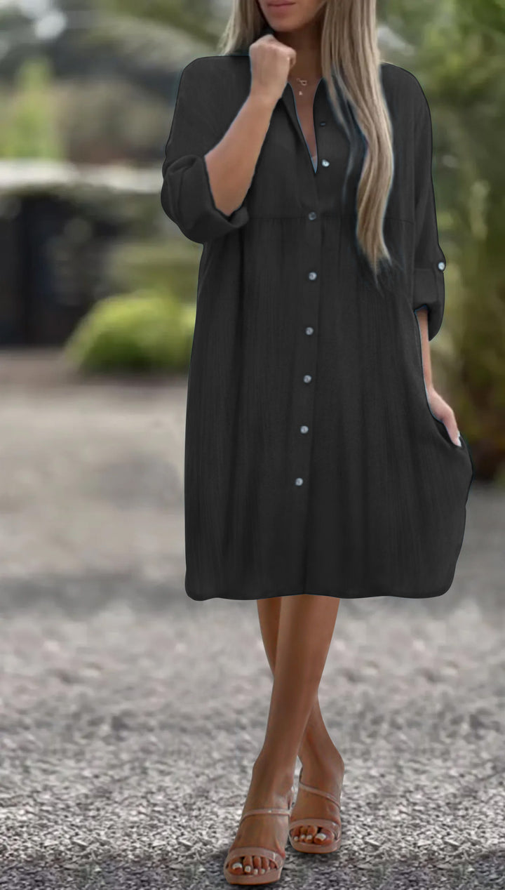 Damen Lockeres Hemdkleid mit Knopfleiste, 3/4-Ärmeln und Seitentaschen – Lunéa