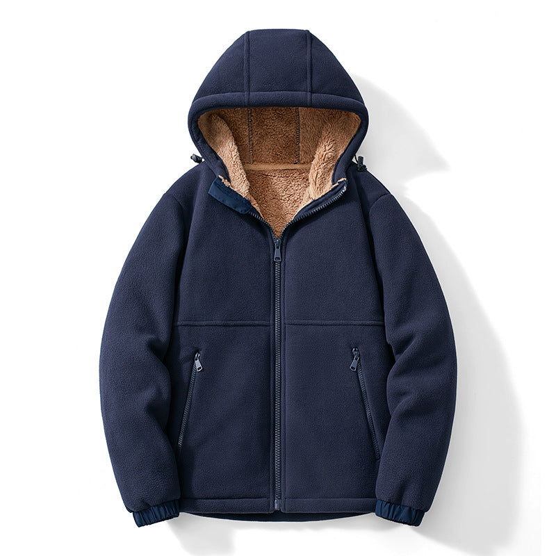 Herren Kapuzen-Fleecejacke mit Teddy-Innenfutter, durchgehendem Reißverschluss und winddichten Bündchen Echoarchiv