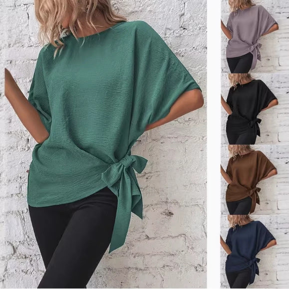 Damen Oversize Kurzarm-Top mit seitlicher Schleife und Crinkle-Struktur Echo Archiv