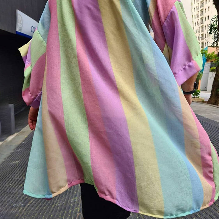 Damen Leichter Oversize-Kimono-Cardigan mit Längsstreifen und offenem Schnitt – Veloura