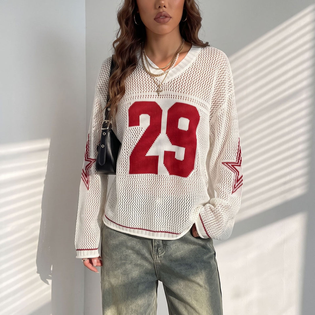 Damen Oversize Netz-Strick Cropped Pullover mit V-Ausschnitt Echoarchiv