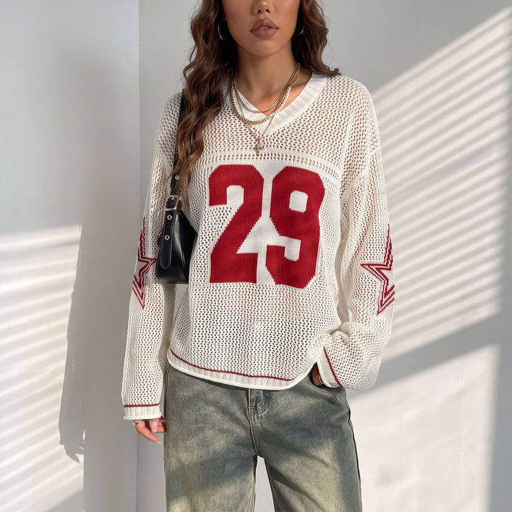 Damen Oversize Netz-Strick Cropped Pullover mit V-Ausschnitt Echoarchiv