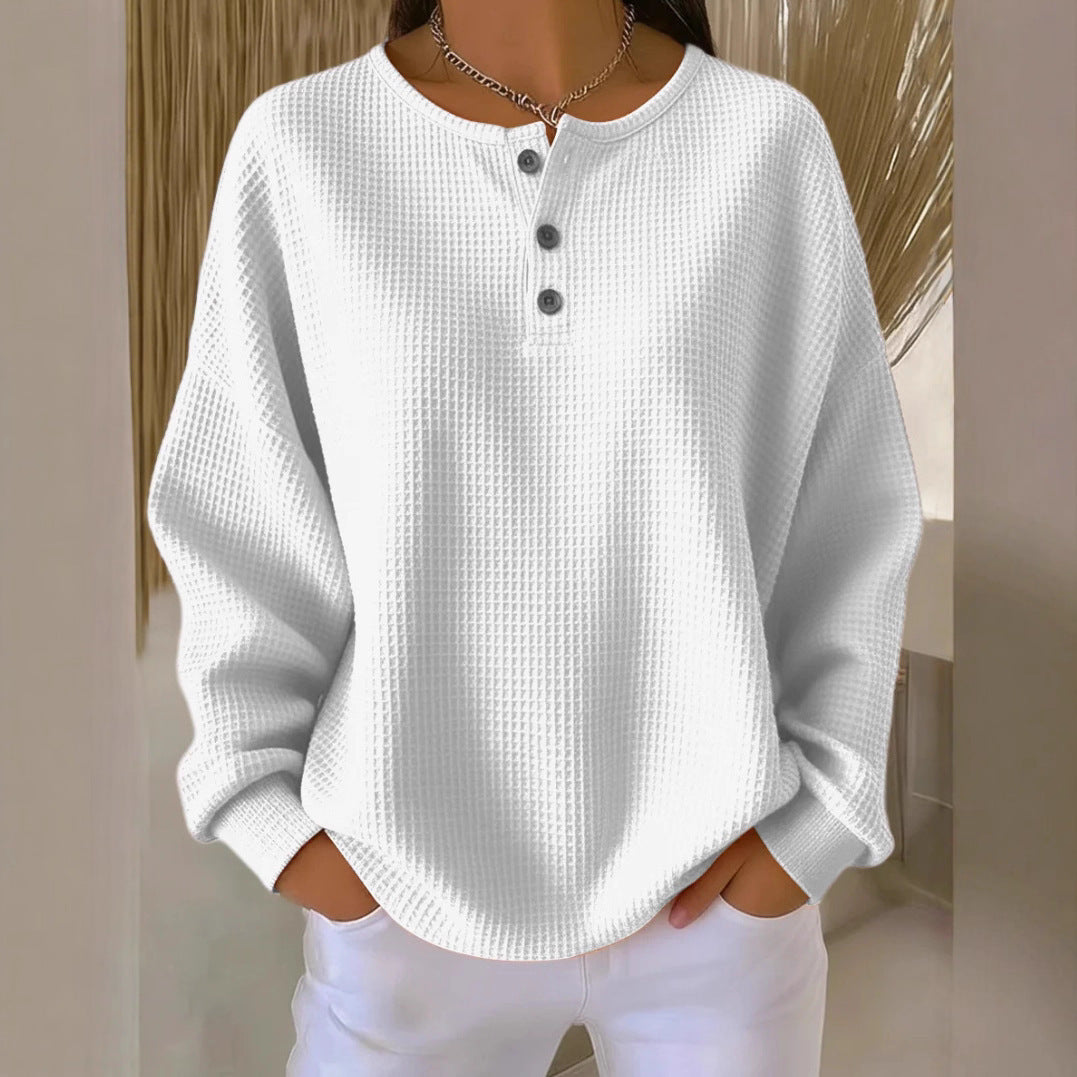 Damen nan Oversized Waffelstrick Henley-Pullover mit Knopfleiste und abgerundetem Saum Echo Archiv