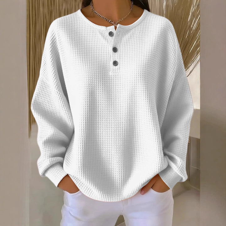 Damen nan Oversized Waffelstrick Henley-Pullover mit Knopfleiste und abgerundetem Saum Echo Archiv