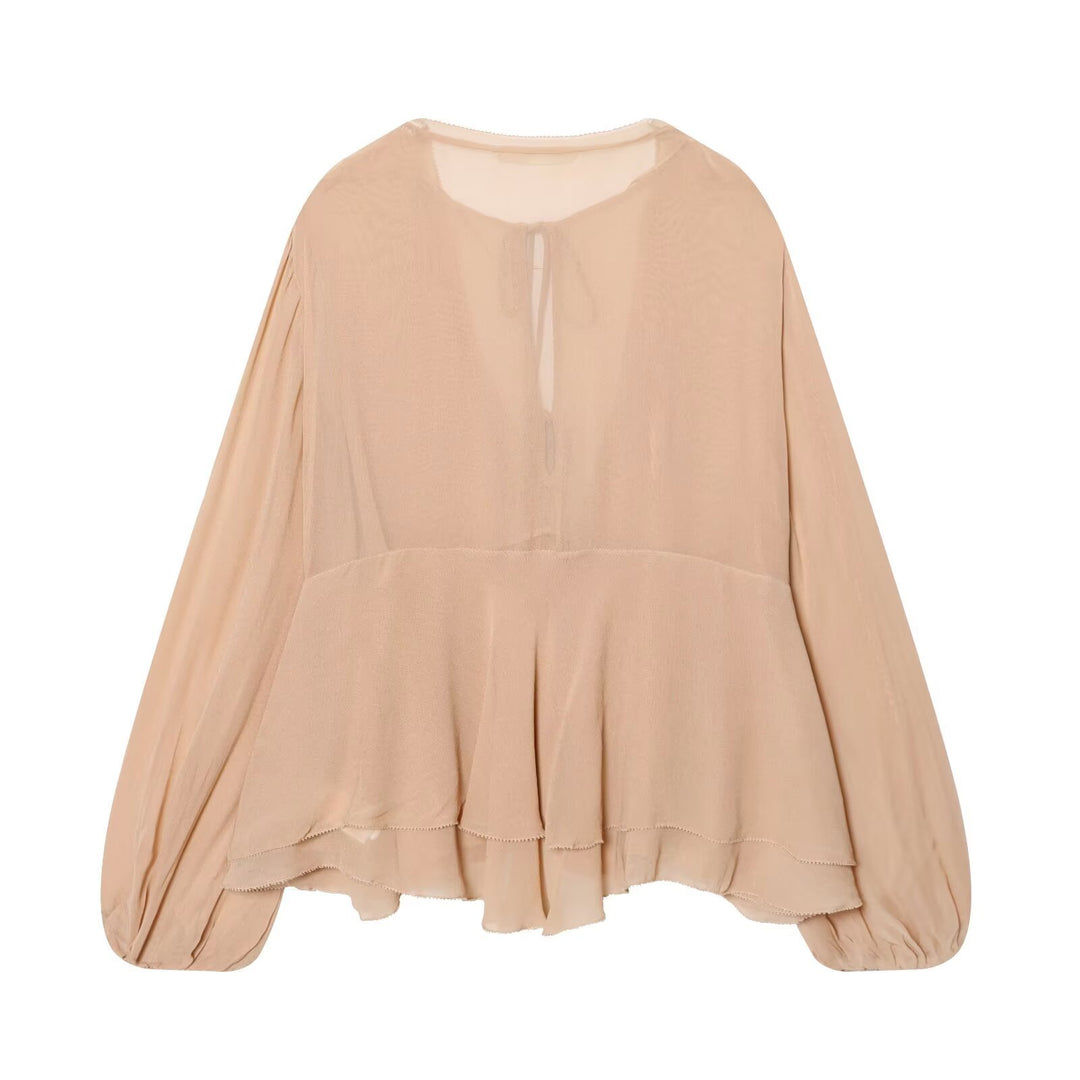 Damen Luftige Chiffon-Bluse mit tiefem V‑Ausschnitt, Bindebändern, Volantstufen und Ballonärmeln Echo Archiv