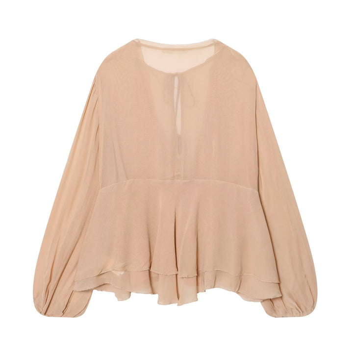 Damen Luftige Chiffon-Bluse mit tiefem V‑Ausschnitt, Bindebändern, Volantstufen und Ballonärmeln Echo Archiv