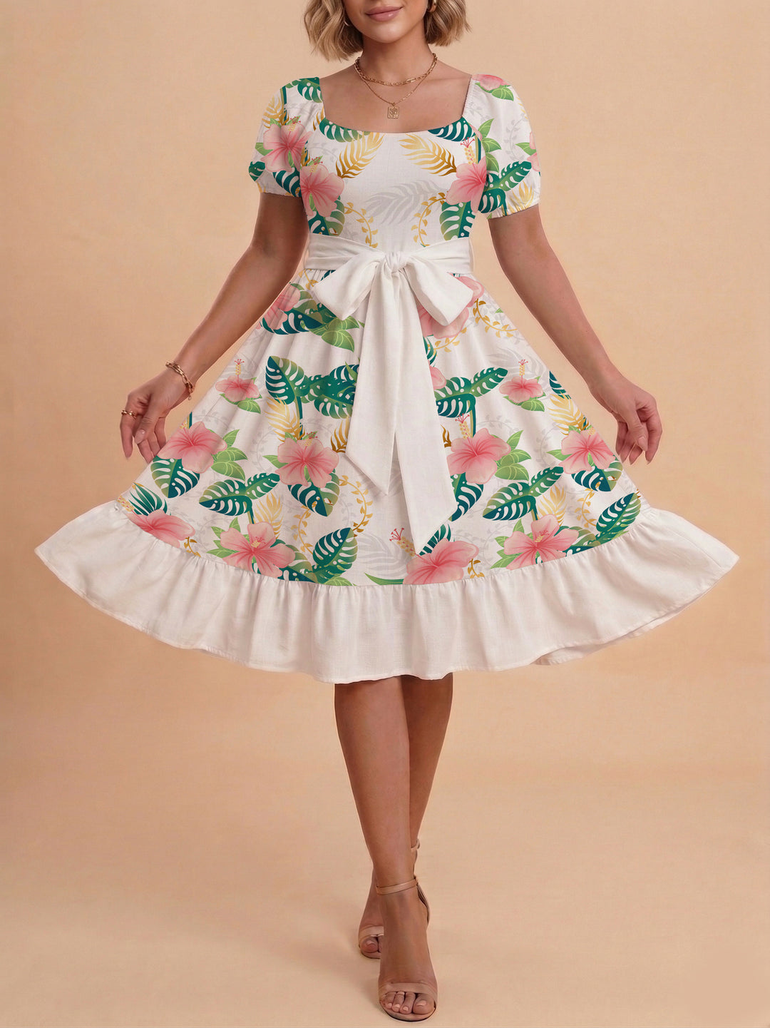 Damen modernes Blumenkleid mit elegantem Taillengürtel und asymmetrischem Saum Echo Archiv