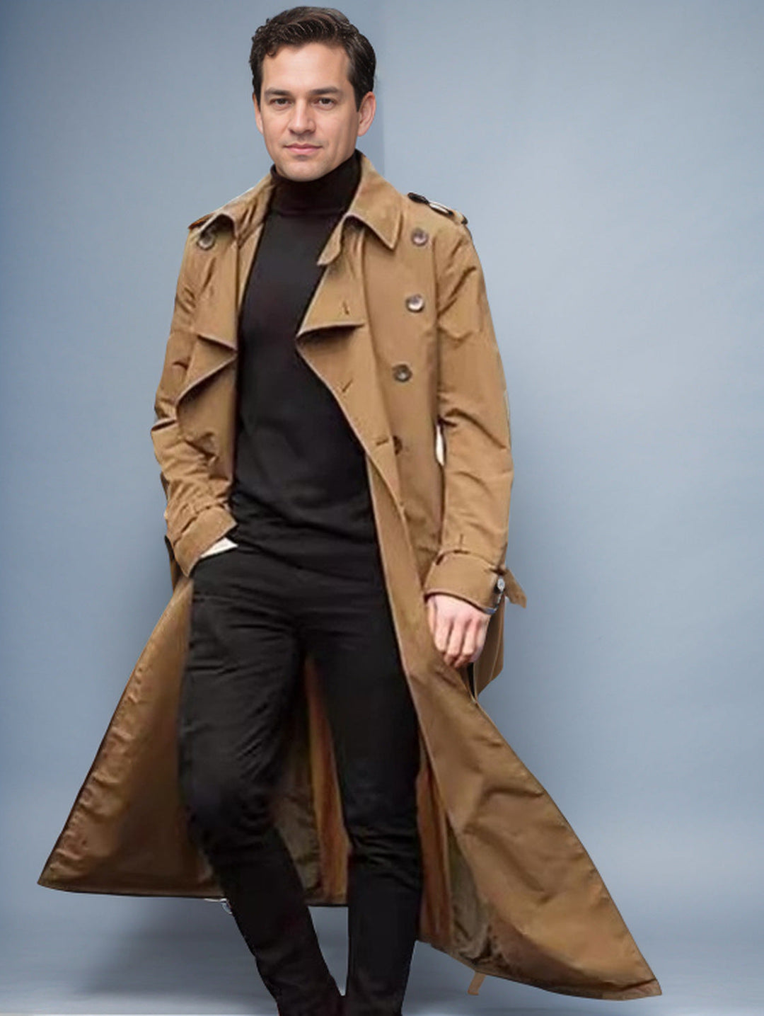 Herren langer Trenchcoat mit modernem Schnitt und praktischen Taschen Echoarchiv