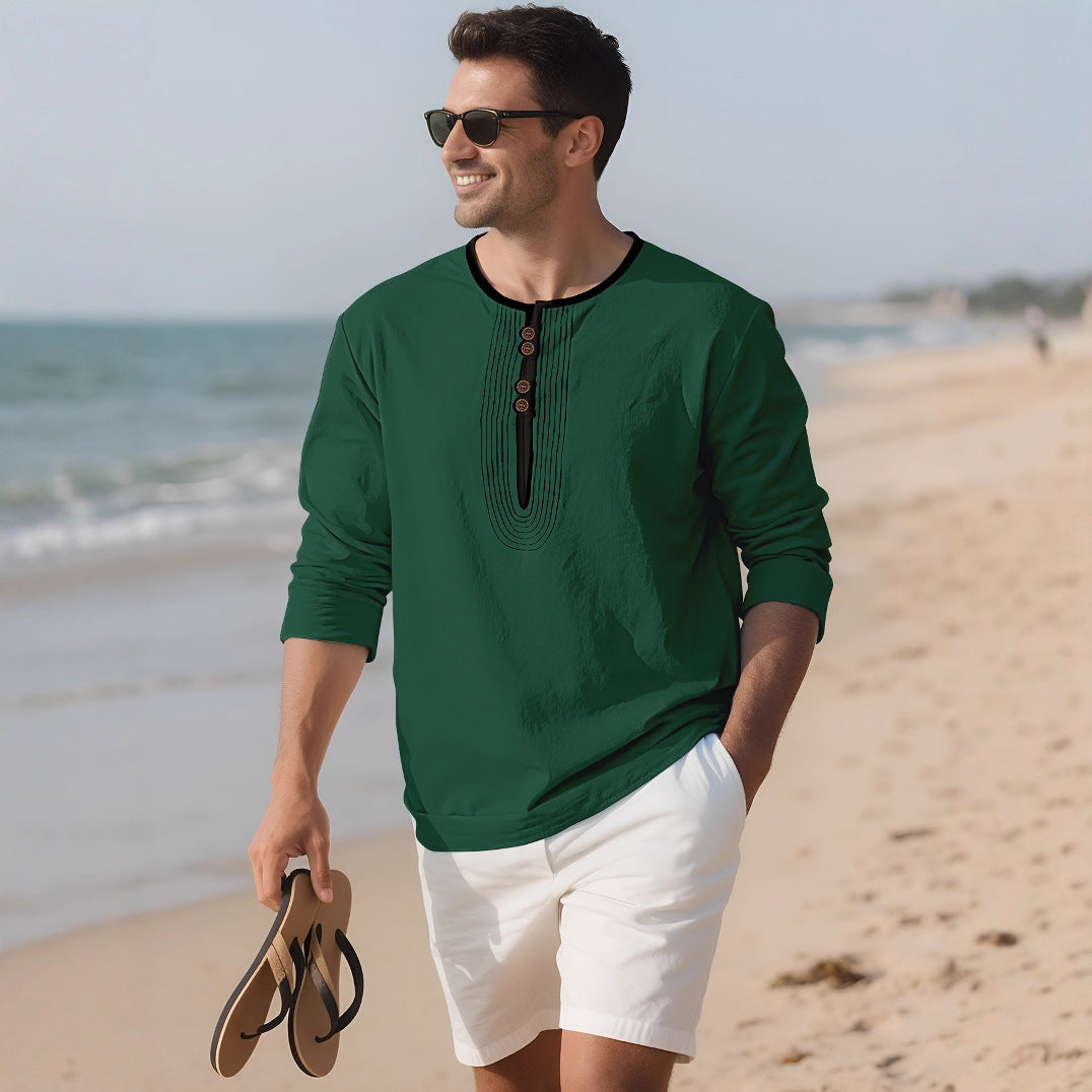 Herren nan weit geschnittenes Langarm-Kurta-Oberteil mit dekorativen Biesen und Holzknopfleiste Echo Archiv