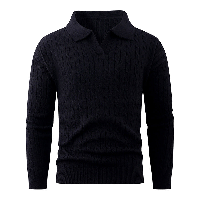 Herren Kabelstrick-Polo-Pullover mit V-Ausschnitt und Zopfmuster Echo Archiv