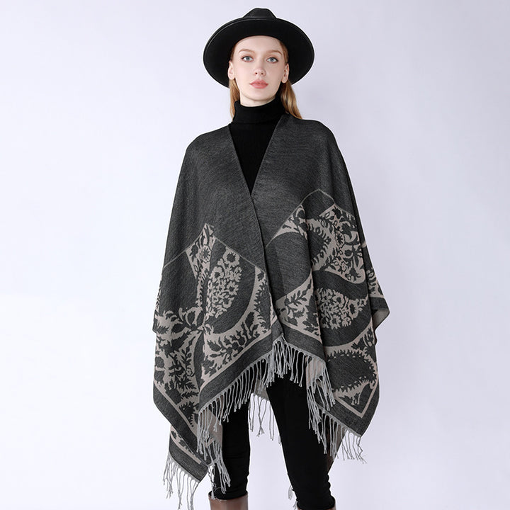 Damen Oversize-Umhangponcho mit floralen Medaillon-Jacquard und Fransensaum Echo Archiv