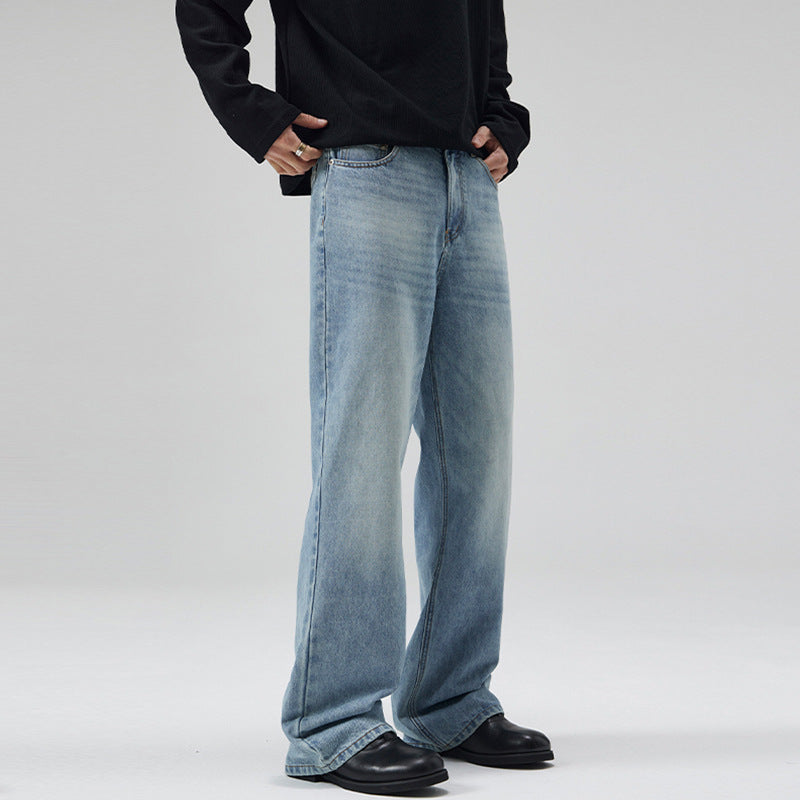 Herren Leicht verwaschene Ultraweite Denim-Marlenehose mit bodenlangem Saum Echo Archiv
