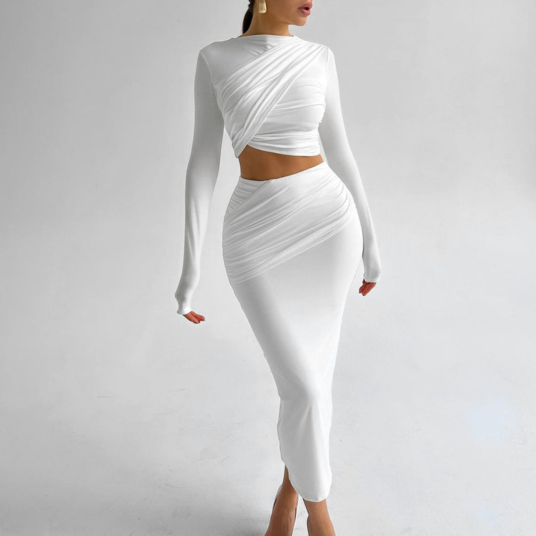 Damen Elegantes Wickeloberteil und Maxi-Rock Set mit langen Ärmeln und figurbetonter Silhouette Echo Archiv