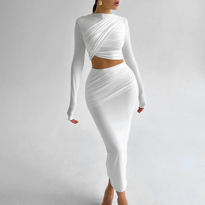 Damen Elegantes Wickeloberteil und Maxi-Rock Set mit langen Ärmeln und figurbetonter Silhouette Echo Archiv