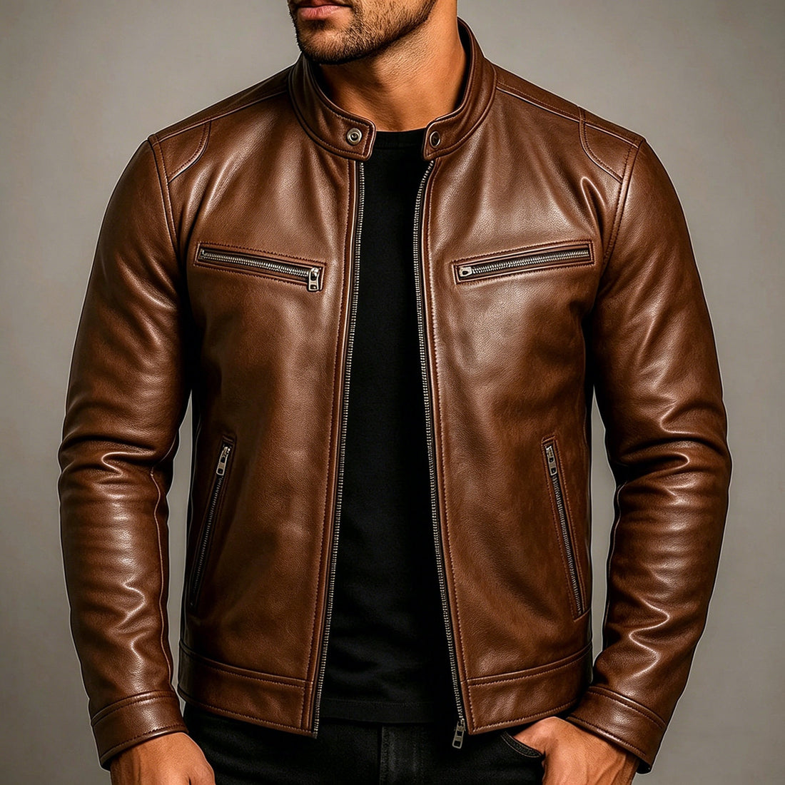 Herren Lederjacke im Vintage-Suede-Look mit Stehkragen und Reißverschlusstaschen Echo Archiv