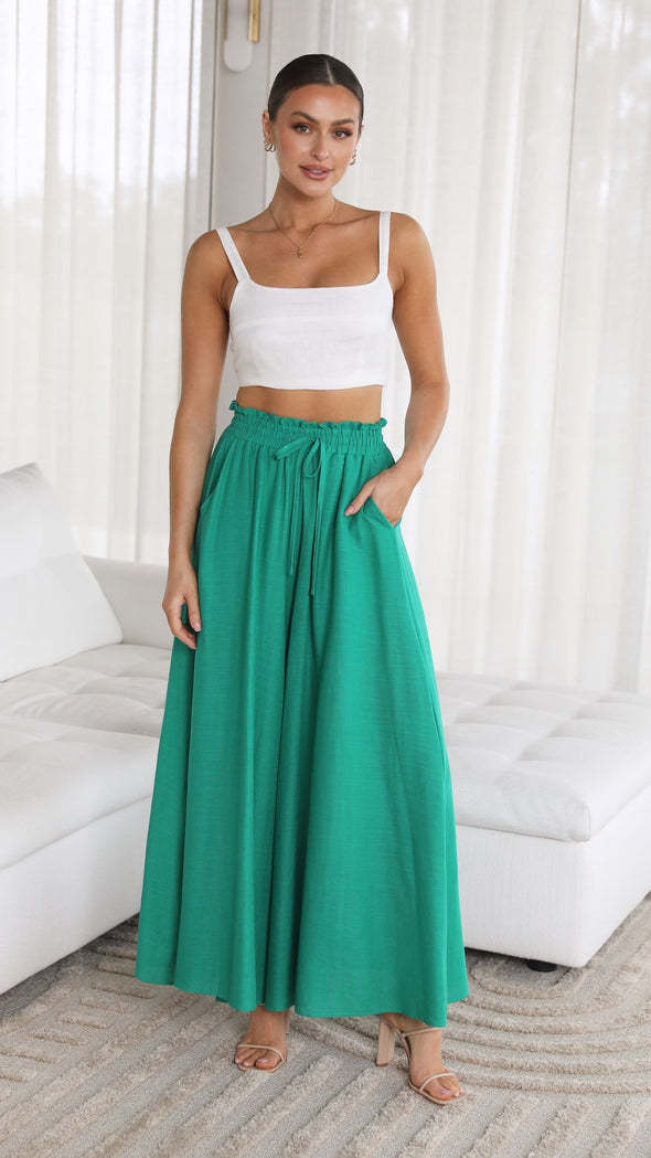 Frauen Hohe Taille Rüschen Elastischer Bund Weite Bein Strand Palazzo Hose mit Zugband und Seitentaschen – Avélisse
