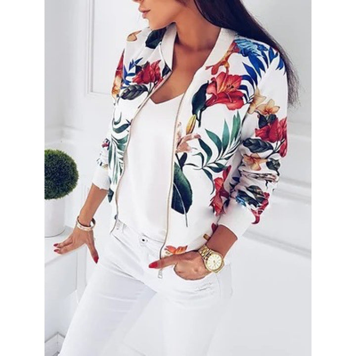 Damen Blousonjacke mit floralem Allover-Print, Reißverschluss und Rippbündchen – Célinea
