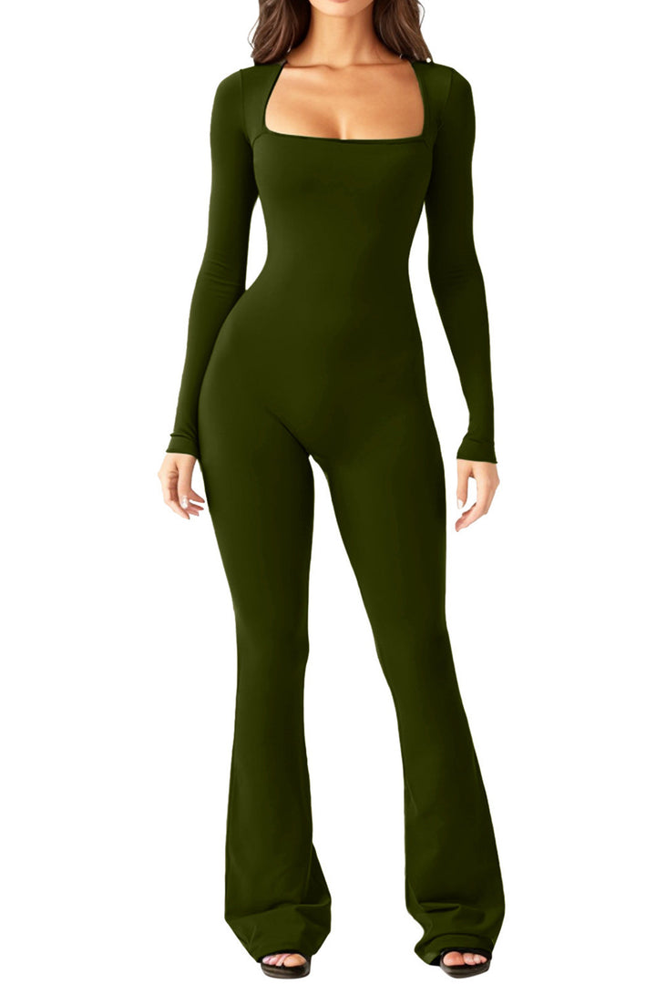 Damen nan figurbetonter Langarm-Jumpsuit mit quadratischem Ausschnitt und ausgestellter Schlaghose Echo Archiv