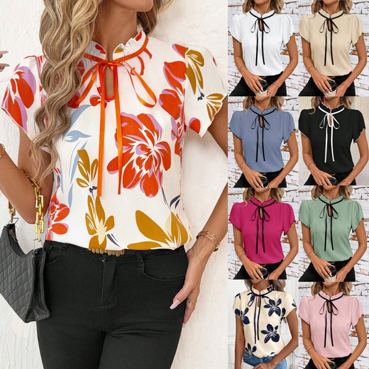 Damen Kurzarmbluse mit Rüschenkragen, Bindeband und floralem Print – Élovi