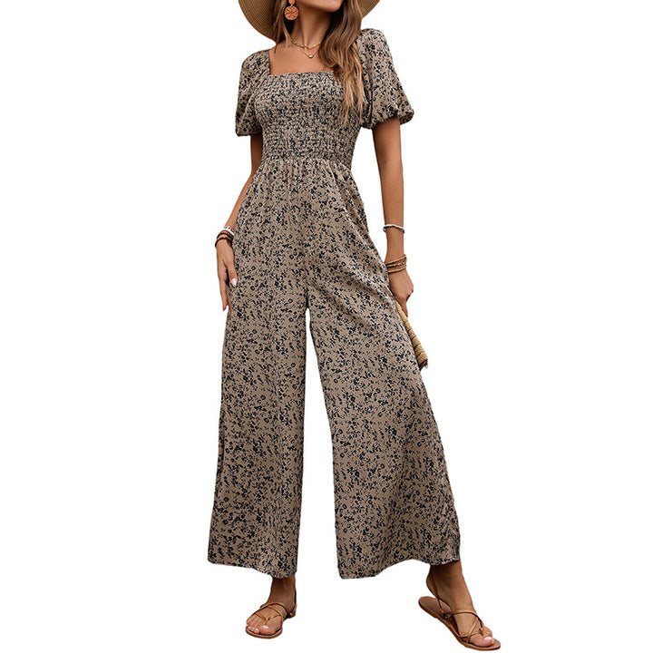 Damen Floraler Smocked-Jumpsuit mit Karree-Ausschnitt, Puffärmeln und weitem Beinschnitt Echoarchiv