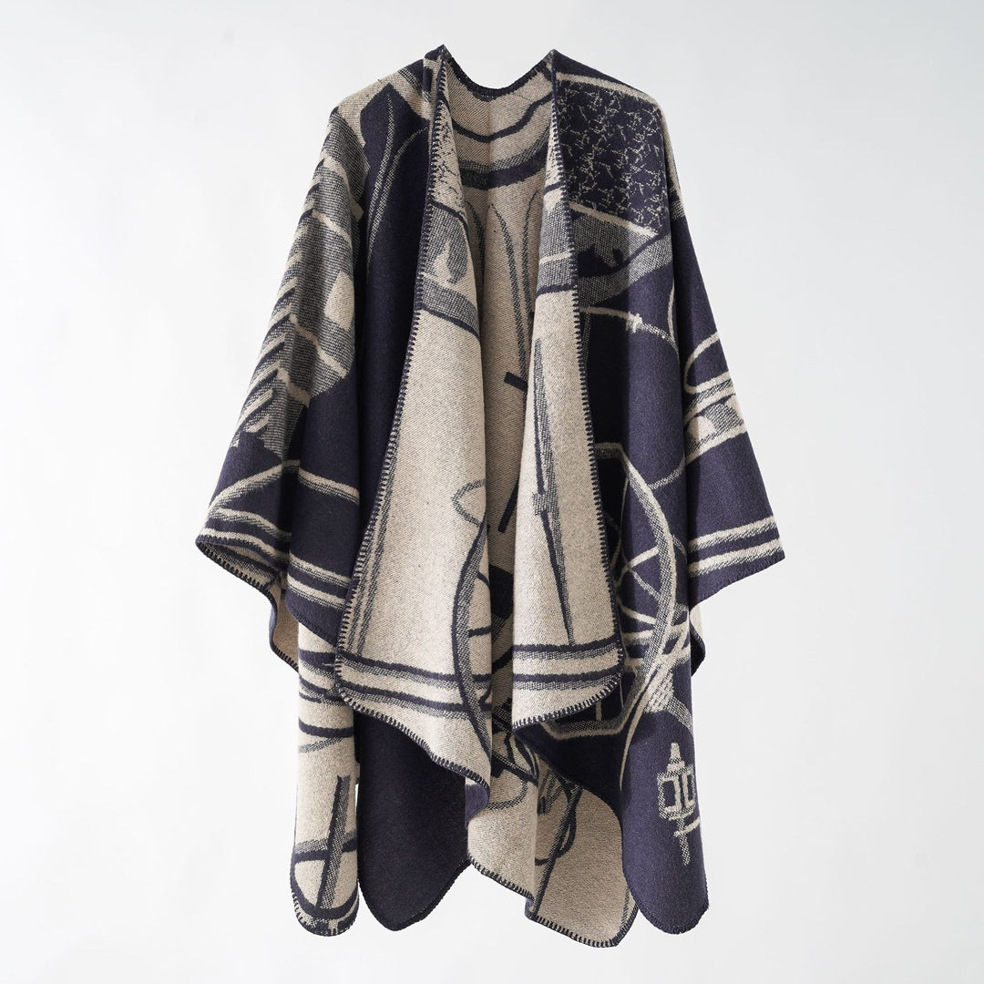 Damen Wollmix-Reversible Cape mit grafischem Jacquard und offenem Kimonofall – Montévia