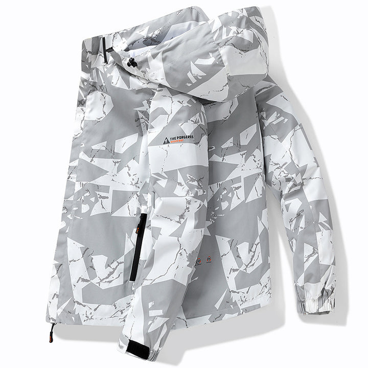 Herren Technische wasserdichte Kapuzenjacke mit grafischem Camouflage‑Print, Reißverschlusstaschen und verstellbarem Saum Echo Archiv