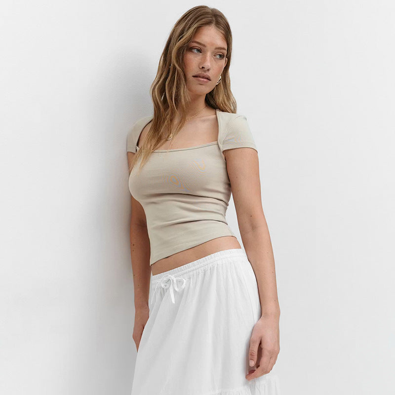 Damen figurbetontes Kurzarmshirt mit modernem Quadrat-Ausschnitt Echo Archiv