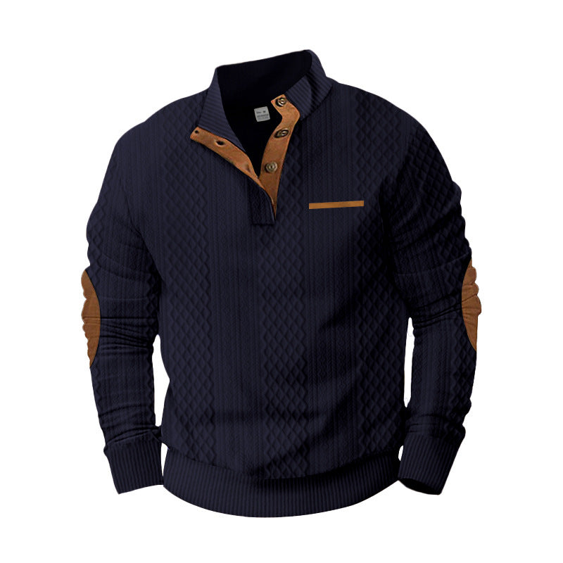 Herren nan strukturiertes Halbknopf-Pullover mit gesteppter Oberfläche, Ellbogen-Patches und Stehkragen Echo Archiv