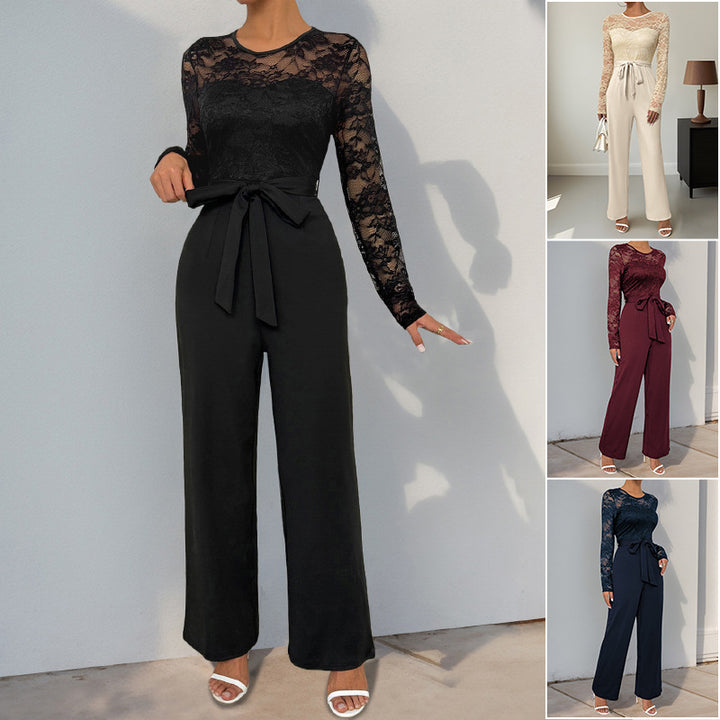 Damen Eleganter Jumpsuit mit transparentem Spitzentop, taillenbetonter Bindeschärpe & weitem Palazzo‑Bein Echoarchiv