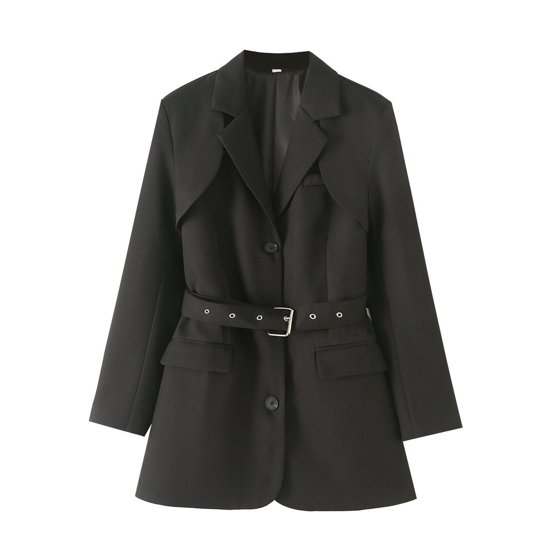 Damen taillierter Gürtel-Blazer mit asymmetrischem Schalkragen und Pattentaschen – Valéne