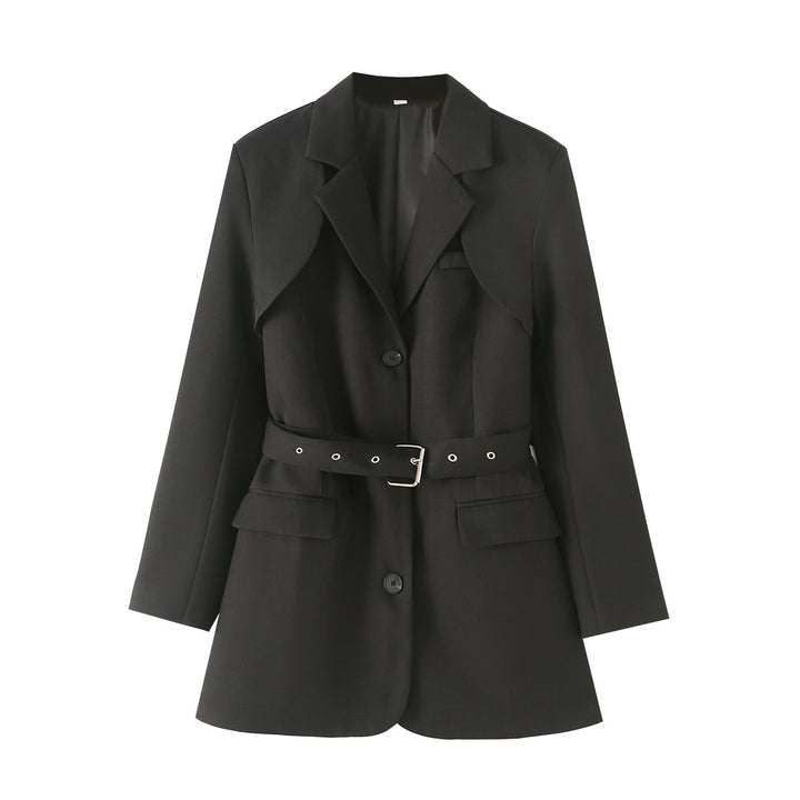 Damen taillierter Gürtel-Blazer mit asymmetrischem Schalkragen und Pattentaschen – Valéne